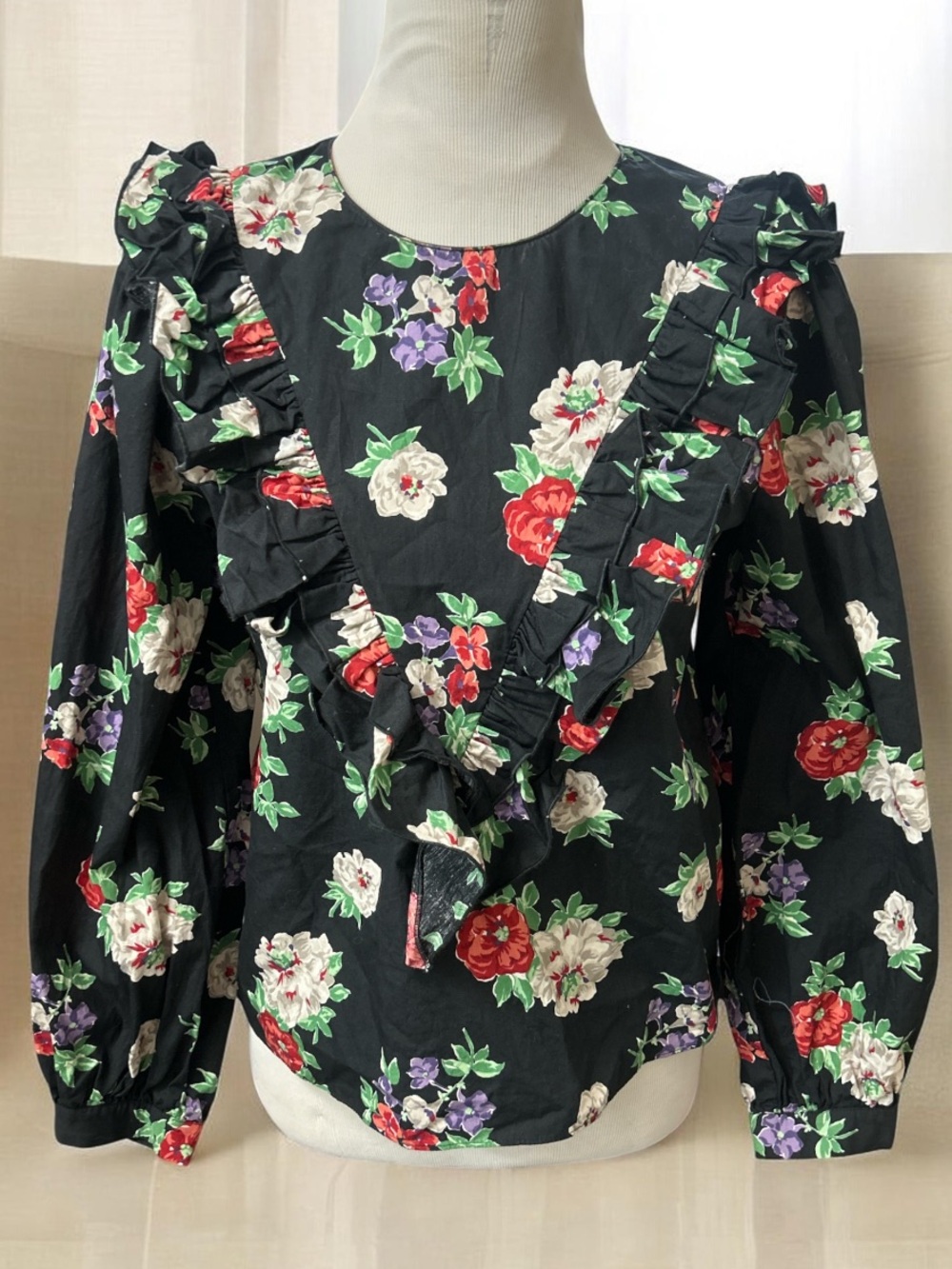 Zara Black Floral Ruffle Front V-Neck LS Blouse Whimsigoth Dark Romantic Small